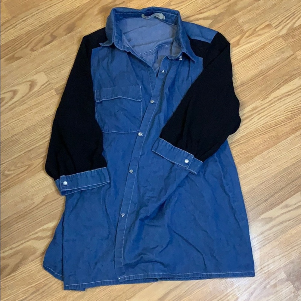 Denim shirt with sheer black sleeves